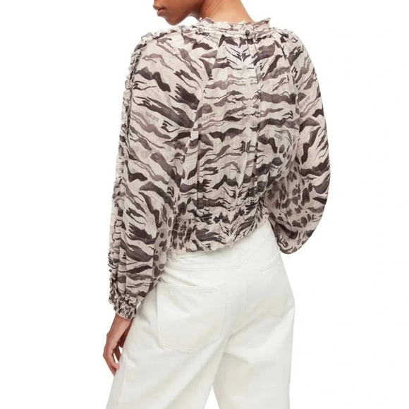 NWOT AllSaints Thallo Oniyuri Ruffle Smocked Top - Striped Patterned Blouse - Picture 9 of 11